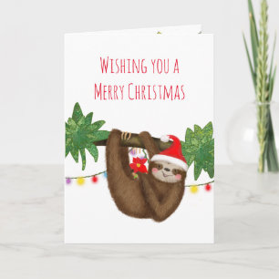 Carte Mignonne paresse en chapeau de Noël