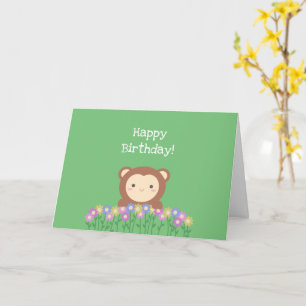 Carte Mignonne singe et fleurs Sage Green Joyeux anniver