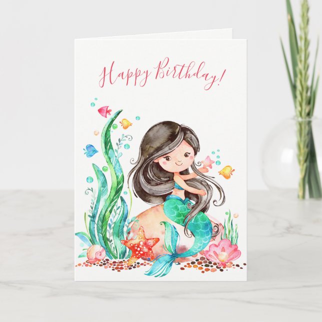 Carte Mignonne sirène d'aquarelle sous la mer Anniversai (Devant)