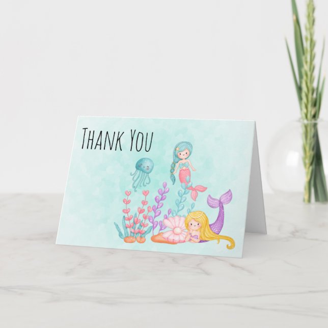 Carte Mignonne sirène sous le Merci d'aquarelle de mer (Devant)