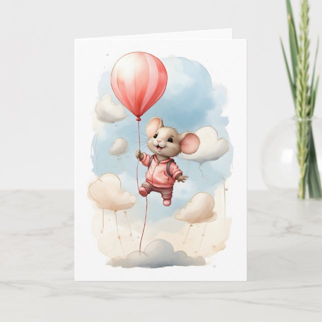 Carte Mignonne souris à l'aquarelle flottant dans l'air  (Devant)