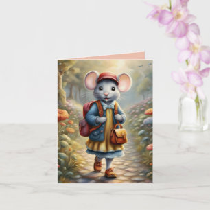 Carte Mignonne souris fille sur le chemin de l'école, co