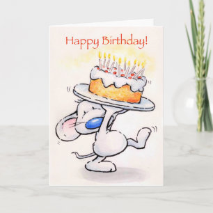 Carte Mignonne souris tenant un gros gâteau, Joyeux anni
