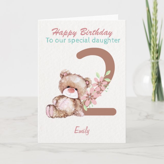 Carte Mignonne Teddy Bear 2e anniversaire pour fille (Devant)