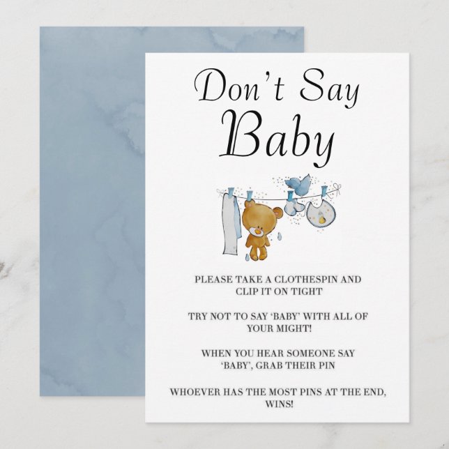 Carte Mignonne Teddy Bear Clothes Line Ne pas dire Baby  (Devant / Derrière)