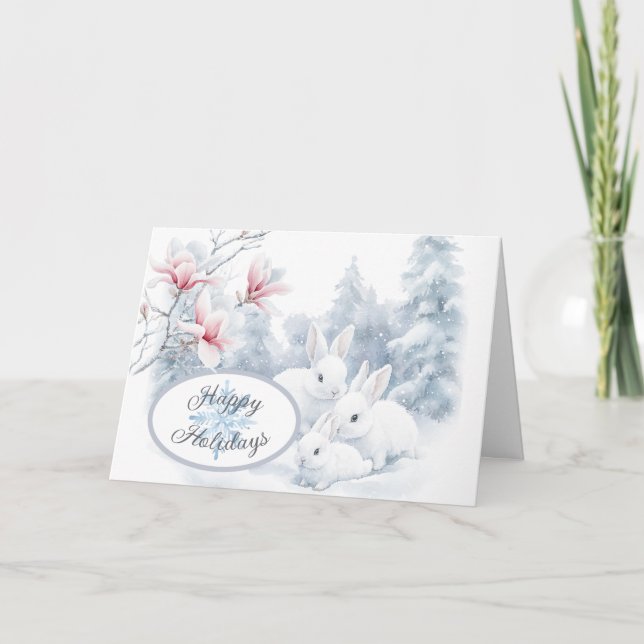 Carte Mignons lapins blancs en vacances d'hiver neige (Devant)