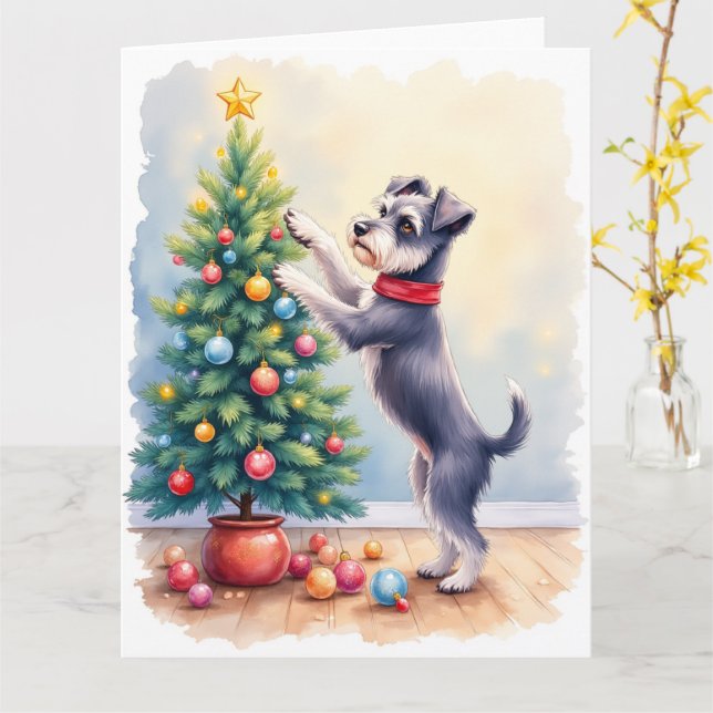 Carte Miniature Schnauzer Decorating Christmas Tree Dog  (Fleur jaune)