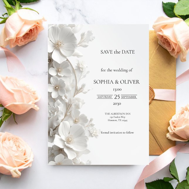 Carte Minimalist 3D White Floral Luxury  Save the Date (Créateur téléchargé)