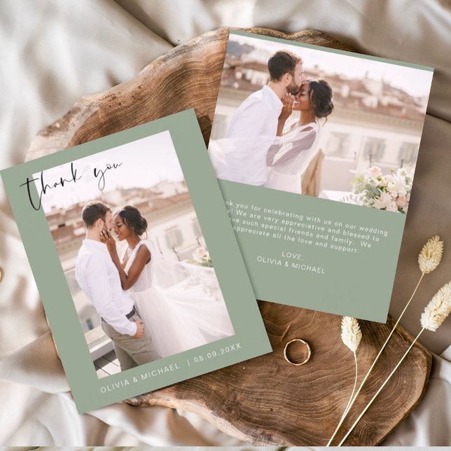 Carte minimaliste photo Mariage vert Sage Merci (Créateur téléchargé)