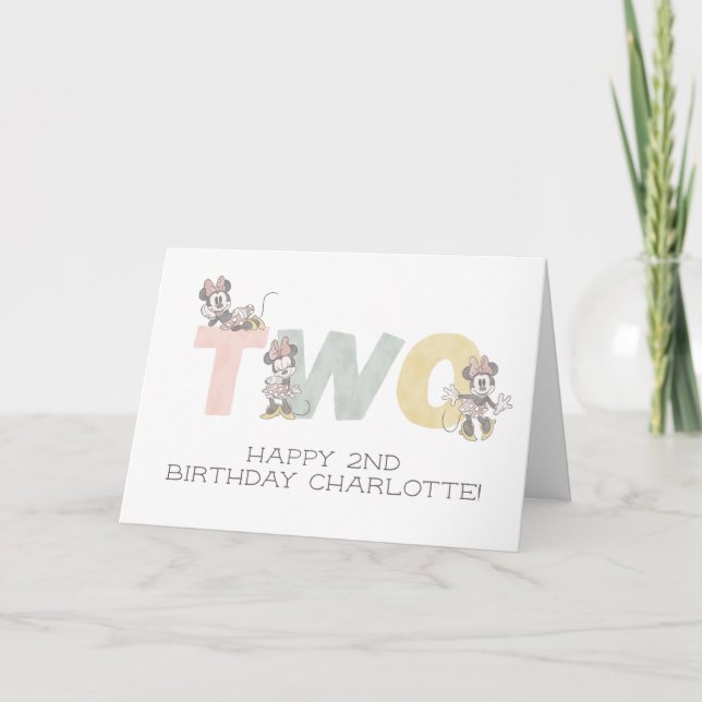 Carte Minnie Mouse aquarelle 2e anniversaire (Devant)