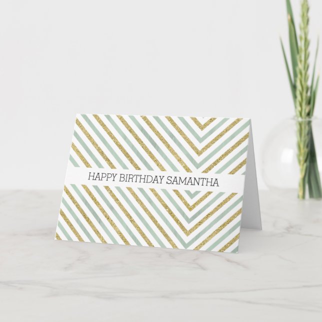 Carte Mint or et blanc Chic Chevron Anniversaire (Devant)