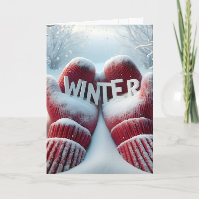 Carte Mittens rouges d'hiver avec des flocons de neige (Devant)