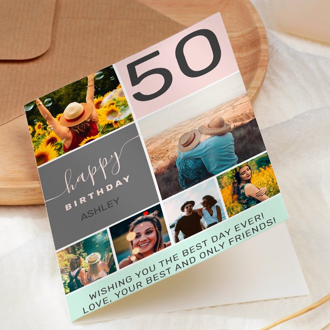 Carte Modern 50th birthday pink 6 photo collage grid (Créateur téléchargé)