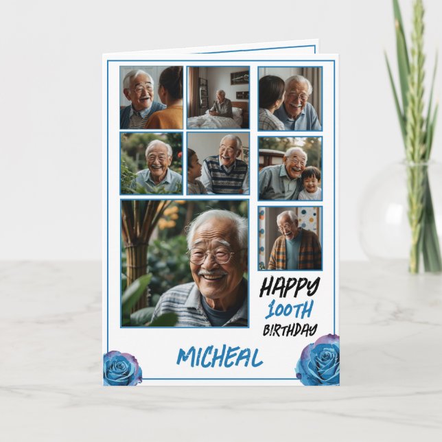 Carte Modern Blue 8 Photo Collage 100e anniversaire (Devant)