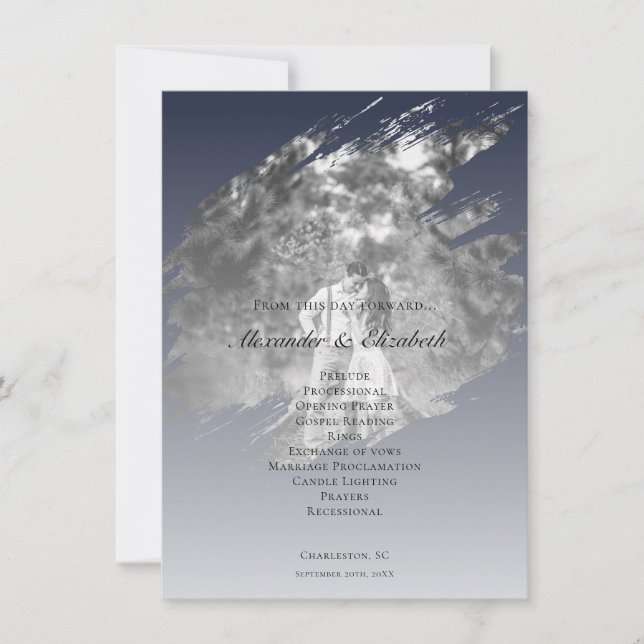Carte Modern Brushstroke Photo Wedding | Navy Blue (Devant)