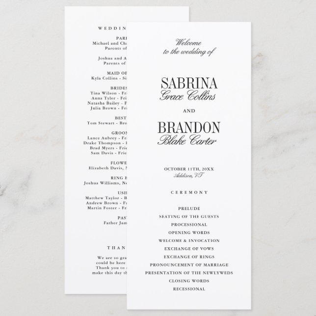 Carte Modern Classic Black Wedding Ceremony Program (Devant / Derrière)