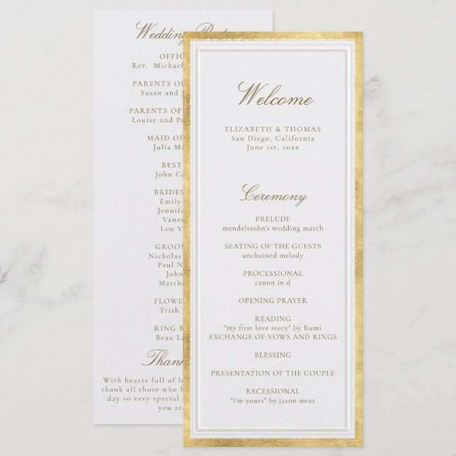 Carte Modern Classic Pearl Gold Formal Wedding Program (Devant / Derrière)