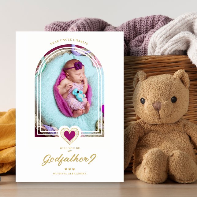 Carte Modern Dome Purple Heart Golden Effect Godfather (Purple Modern Dome Arch & Chic Heart Fake Golden Effect Godfather or GodMother Proposal Card.)