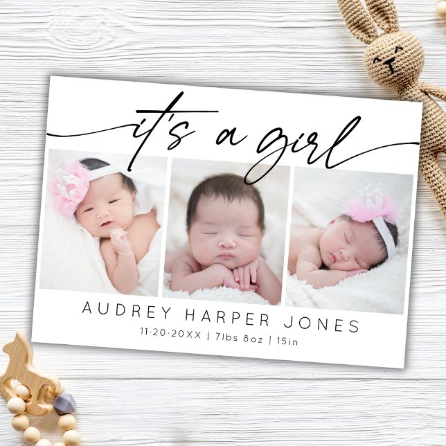 Carte Modern It's a Girl Baby Newborn 3 Photo Collage (Créateur téléchargé)