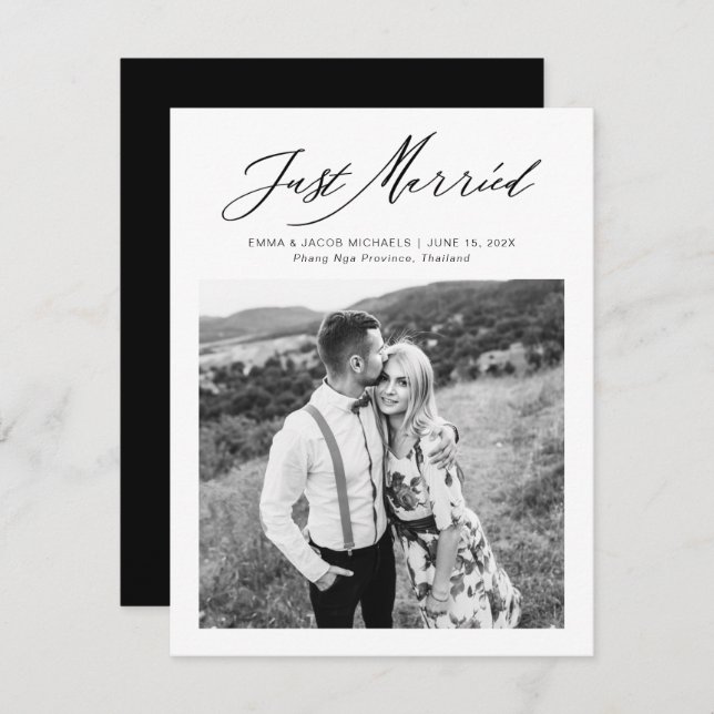 Carte Modern Just Married Calligraphy Wedding Elopement (Devant / Derrière)