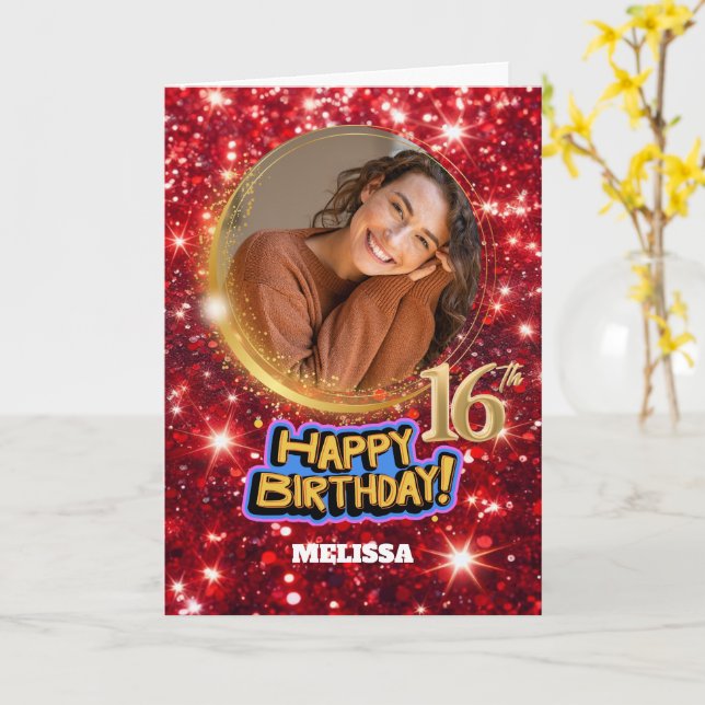 Carte Modern Red & Gold Glitter Photo Name 16th Birthday (Fleur jaune)