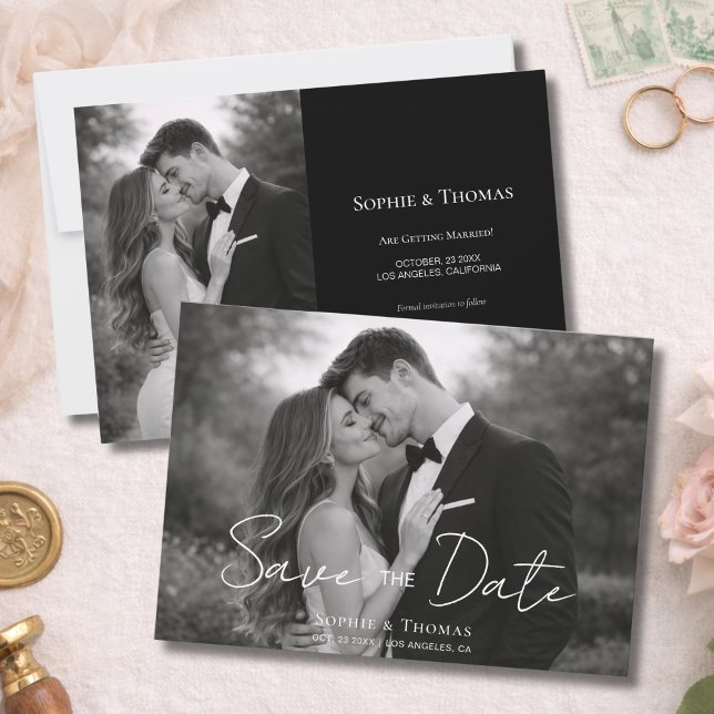 Carte Modern Script  Black and White Photo Save the Date (Modern Script Black and White Photo Save the Date)