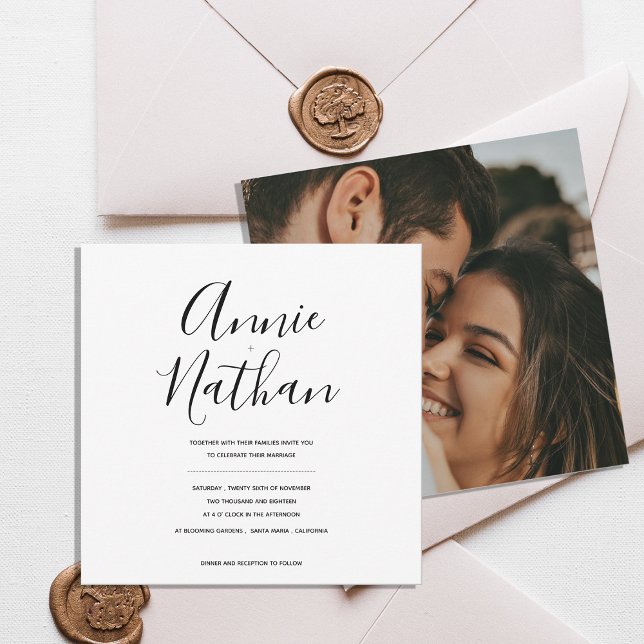 Carte Modern Script Minimal Black & White Wedding Invite (Modern Script Wedding Invitation Flat Card | Minimal Black & White Calligraphy Invite)