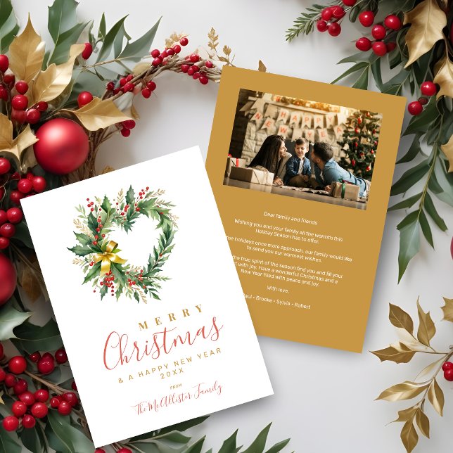 Carte Modern Wreath Heart-Shape Merry Christmas Photo (Modern Wreath Heart-Shape Merry Christmas Poinsettias Photo Script Typography Holidays Cards.)