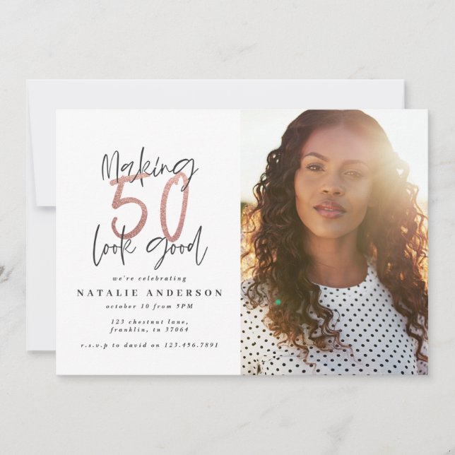 Carte Moderne 50e anniversaire chic typographie or rose (Devant)