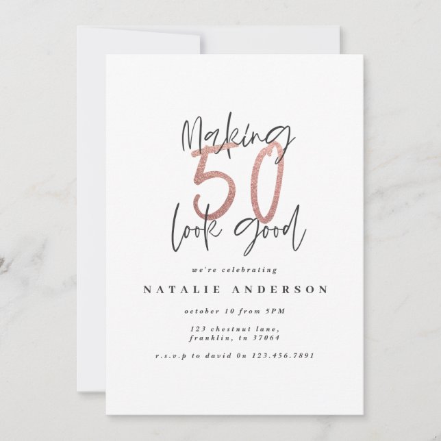 Carte Moderne 50e anniversaire chic typographie or rose (Devant)