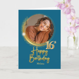 Carte Moderne Anniversaire 16 Ans Photo Nom Bleu & Or