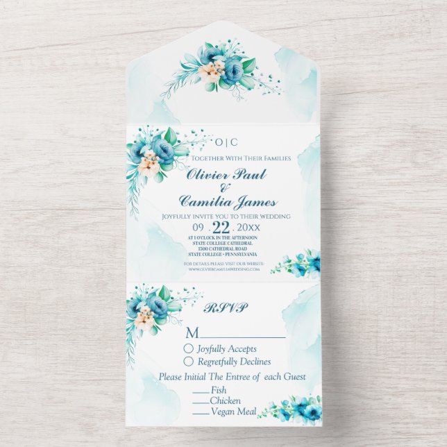 Carte moderne Blue Floral Wedding Invitation & RSV (À l'intérieur)