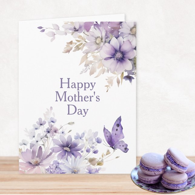 Carte moderne de Fête des Mères à motif floral élé (Modern Stylish Purple Watercolor Floral Happy Mother's Day Card with Personalized Message Inside)
