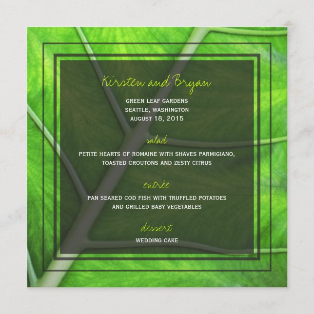 Carte moderne de menu de mariage de photo verte (Devant)