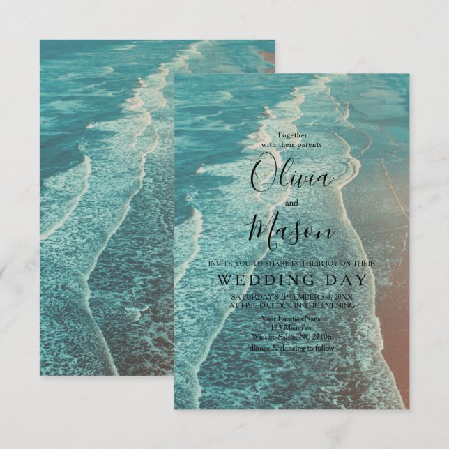 Carte moderne Fade Tropical Beach Sea Mariage Card (Devant / Derrière)