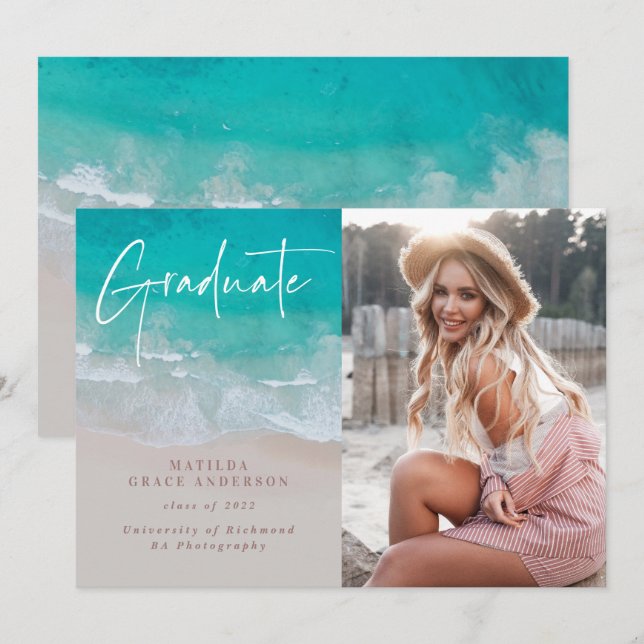 Carte Moderne graduation photo plage de l'océan script m (Devant / Derrière)