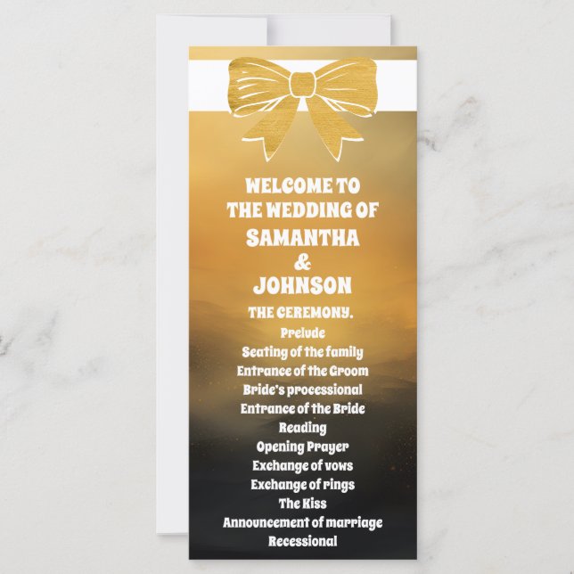 Carte moderne Gras Black Gold Bow Wedding Programm (Devant)