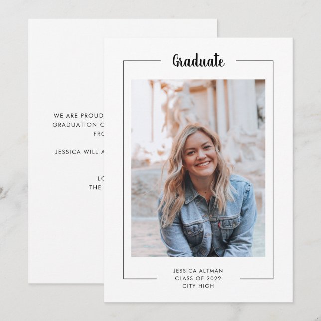 Carte Moderne minimal noir blanc Script photo graduation (Devant / Derrière)