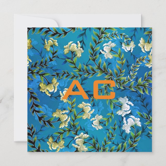 Carte Moderne Monogramme Bleu Floral Chic (Devant)