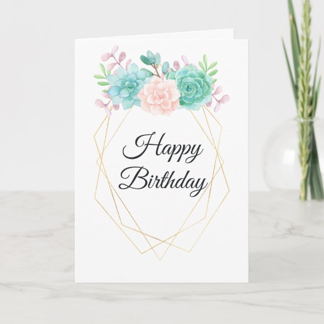 Carte Moderne rose et vert Succulents Aquarelle Annivers (Devant)