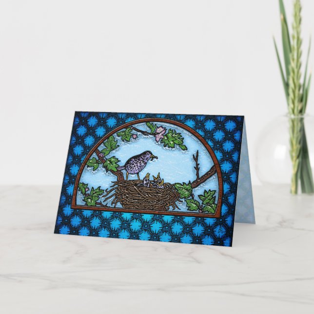 Carte Momma Bird Nourrir des bébés dans le nid (Devant)