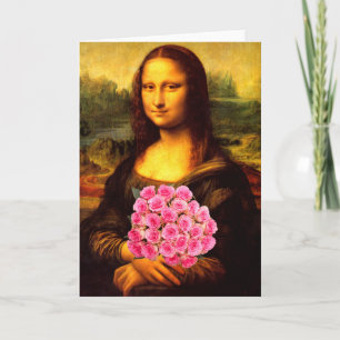 Carte Mona Lisa Avec Bouquet De Roses Rose