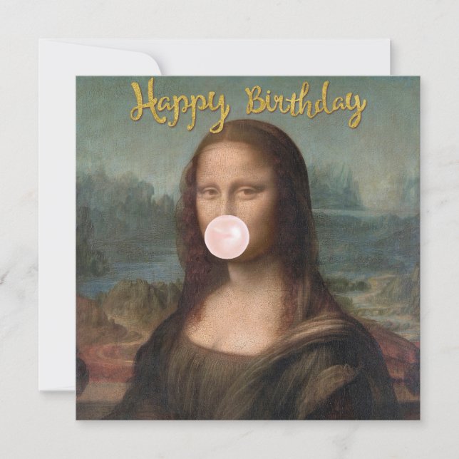 Carte Mona Lisa soufflant un bubble gum rose  (Devant)
