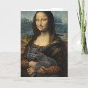 Carte Mona Lisa tenant un élégant chat gris