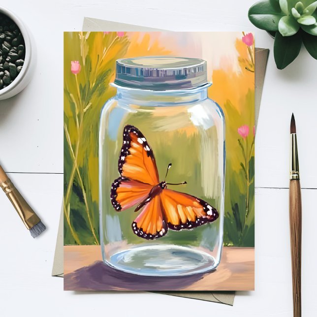 Carte Monarch Butterfly Jar Watercolor Painting Card (Créateur téléchargé)