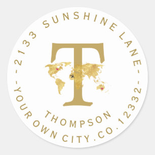 Carte Mondiale Or Monogramme Étiquette de adresse 