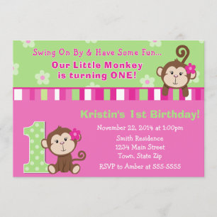 Carte Monkey Girl 1er Anniversaire Invitation 5x7