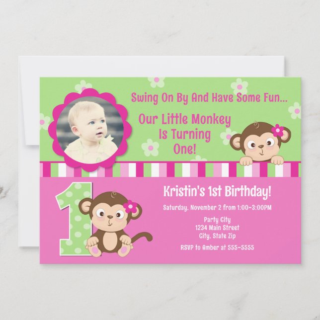 Carte Monkey Girl 1er Anniversaire Invitation 5x7 (Devant)