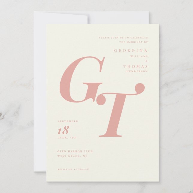 Carte Monogramme de printemps | Mariage moderne de pêche (Devant)