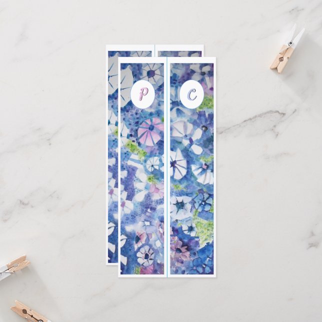 Carte Monogramme Fleurs Whimsical Initiales Deux Signets (Devant/Arrière en situation)